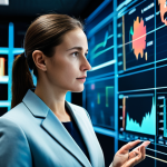 A professional female credit analyst in a modest business suit, intensely focused while interacting with multiple holographic displays in a cutting-edge, data-rich office environment. The screens show a dynamic blend of financial charts, real-time social media sentiment analysis, and satellite imagery, symbolizing the vast data ocean she navigates. Her posture is natural, and her gaze is sharp, conveying deep analytical thought. The scene is illuminated by professional, soft lighting that highlights the futuristic technology. fully clothed, appropriate attire, safe for work, perfect anatomy, correct proportions, natural pose, well-formed hands, proper finger count, natural body proportions, professional photography, high quality.
