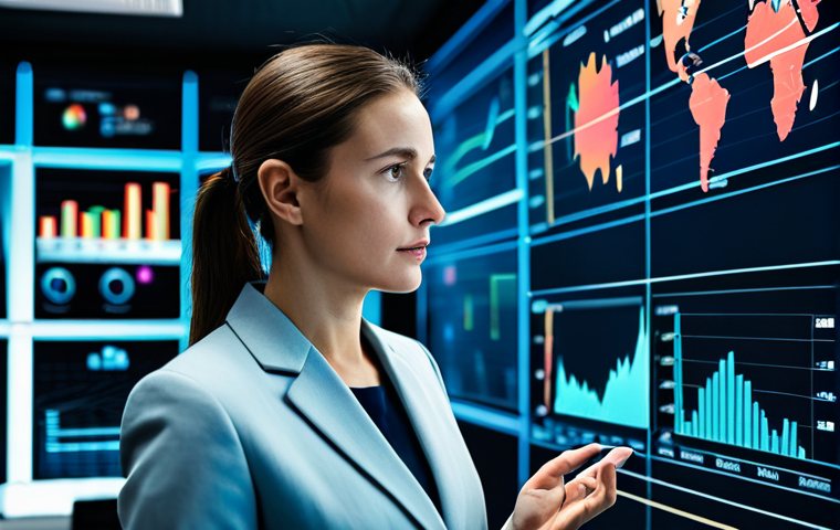 A professional female credit analyst in a modest business suit, intensely focused while interacting with multiple holographic displays in a cutting-edge, data-rich office environment. The screens show a dynamic blend of financial charts, real-time social media sentiment analysis, and satellite imagery, symbolizing the vast data ocean she navigates. Her posture is natural, and her gaze is sharp, conveying deep analytical thought. The scene is illuminated by professional, soft lighting that highlights the futuristic technology. fully clothed, appropriate attire, safe for work, perfect anatomy, correct proportions, natural pose, well-formed hands, proper finger count, natural body proportions, professional photography, high quality.