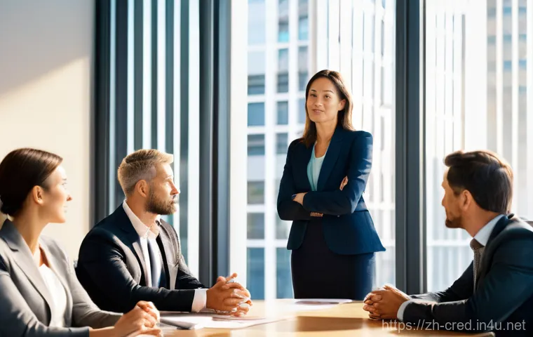 신용분석사로서의 전문성 쌓기 - **Prompt:** "A diverse team of three modern credit analysts – a woman and two men, all in their 30s,...