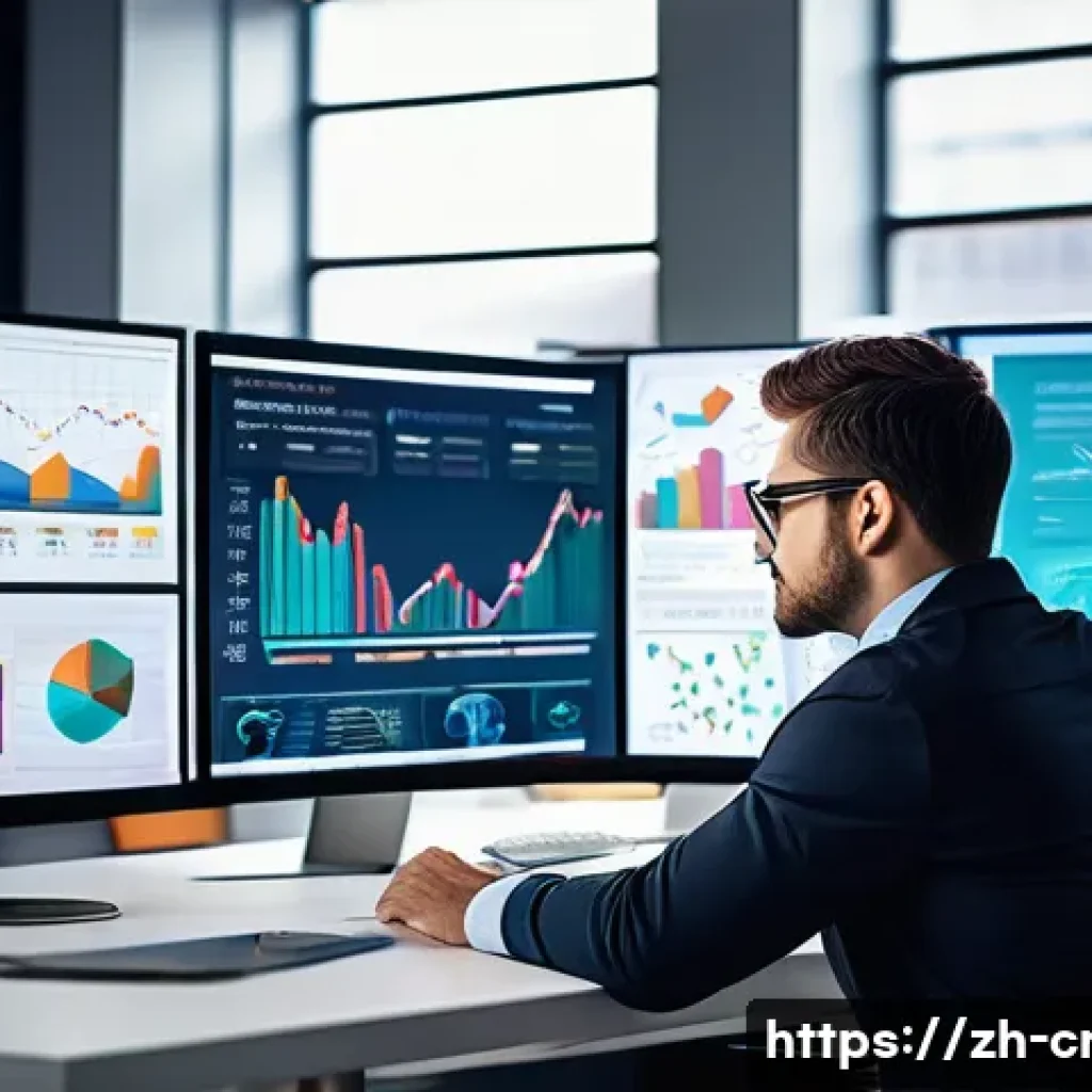 신용분석사 실무에서의 데이터 분석 활용 - A modern office scene showing a professional data analyst at work, wearing business casual attire an...
