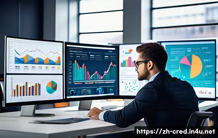 신용분석사 실무에서의 데이터 분석 활용 - A modern office scene showing a professional data analyst at work, wearing business casual attire an...