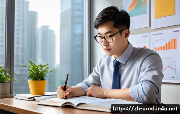 신용분석사 자격증 시험 날짜 및 일정 - A modern study environment showcasing a young Chinese professional preparing for a credit analyst ex...