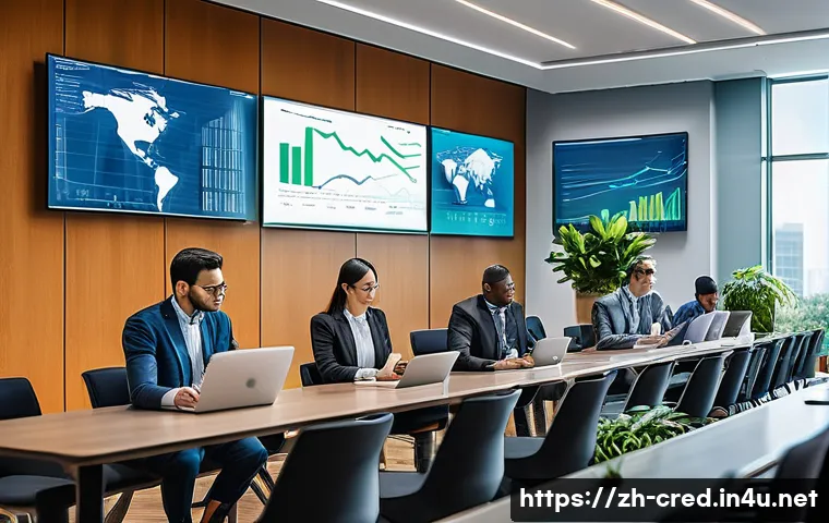 신용분석사 관련 컨퍼런스 및 세미나 - A modern conference room filled with diverse professionals attending a high-tech seminar on credit r...