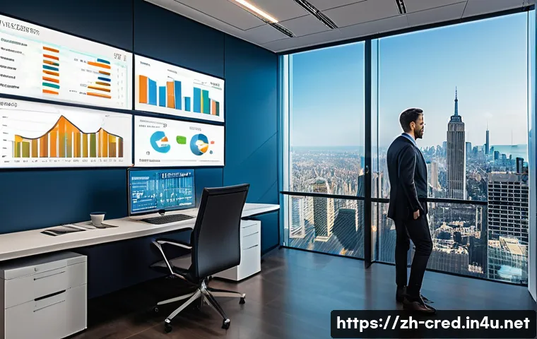 신용분석사로서의 자산관리 전략 - A modern financial analyst in a sleek office environment, studying multidimensional credit reports d...