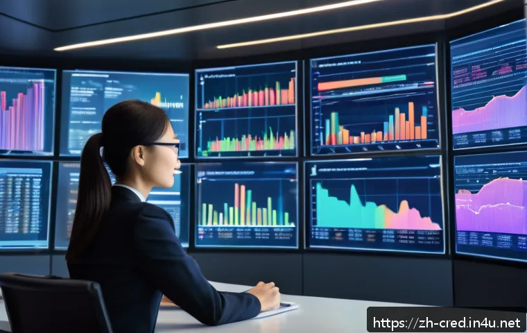 신용분석사와 신용 한도 분석 - A modern financial analyst in a sleek office environment, deeply analyzing diverse personal financia...
