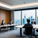 신용분석사 해외 연수 프로그램 - A professional international credit analyst attending a diverse overseas training seminar, seated in...