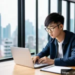 신용분석사 시험 학습 플랜 - A modern study room scene showcasing a young Chinese adult student sitting at a sleek wooden desk wi...
